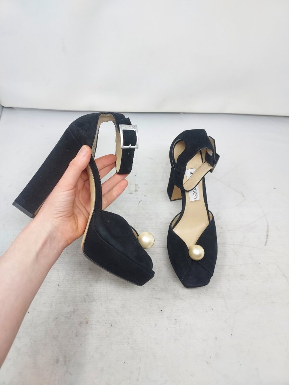 Jimmy Choo Black Sacora Pearl Suede Platform Sandal